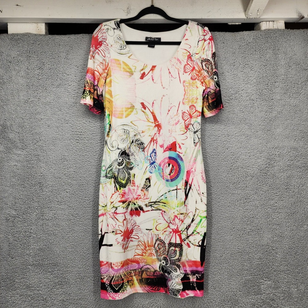Michael Tyler Womens Abstract Butterfly Floral Sheath Dress White Multi Size M